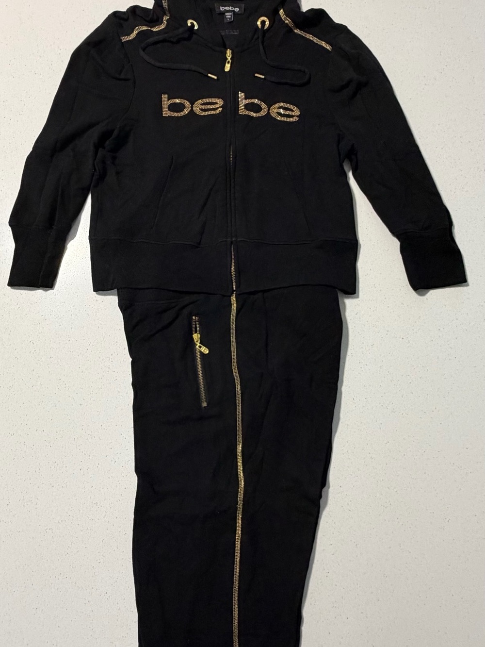 bebe Sweatpants & Hoodie Set Black with Gold Logo and Trim